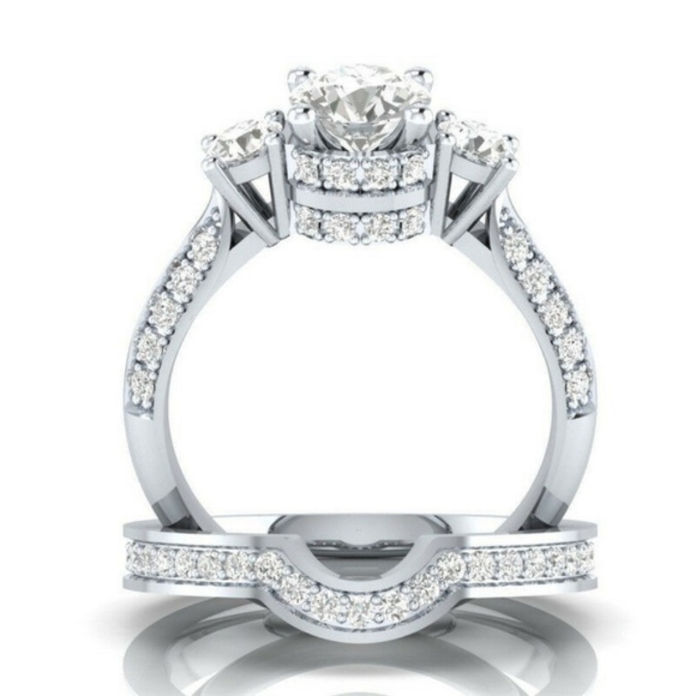 2 pc Set 925 Silver Round Cut White Sapphire Ring - Picture 3 of 5